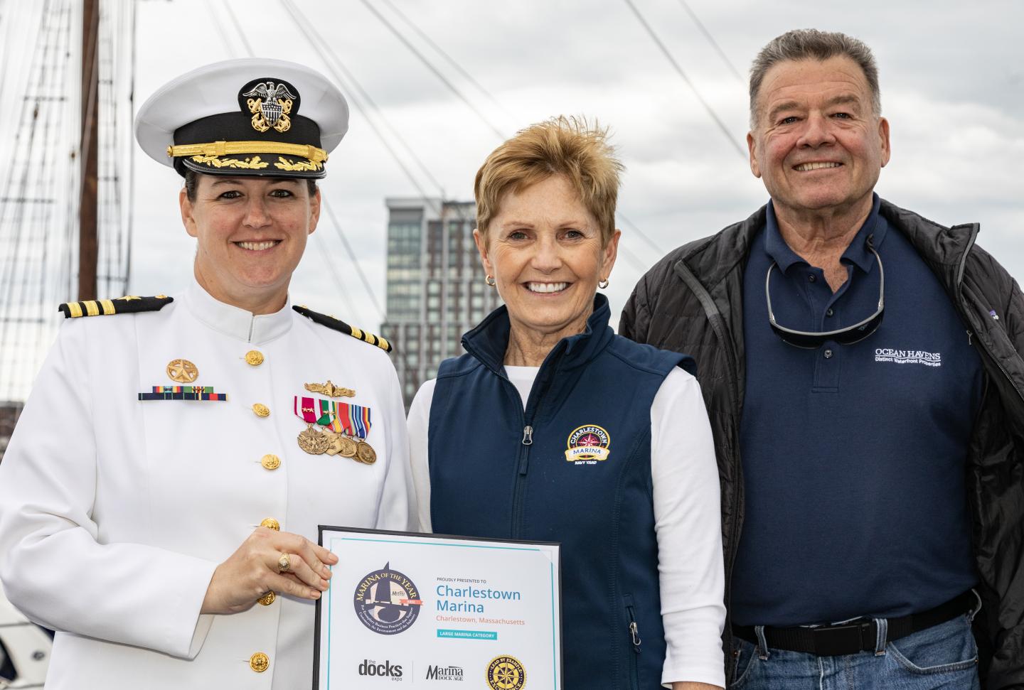 Chuck and Ann Lagasse are presented with the Marina of the Year Award by the USS Constitution Commander